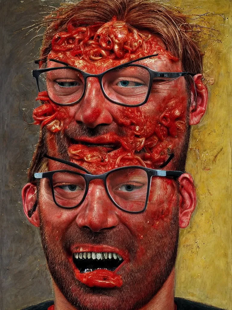 Image similar to jurgen klopp made of spaghetti and tomato sauce, by giuseppe arcimboldo and ambrosius benson, renaissance, intricate and intense oil paint, a touch of beksinski and hr giger and edward munch, realistic