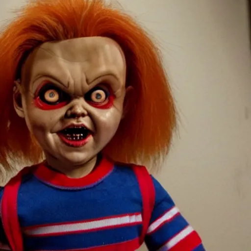 Image similar to Chucky the killer doll from the movie Child's Play in an episode of Stranger Things