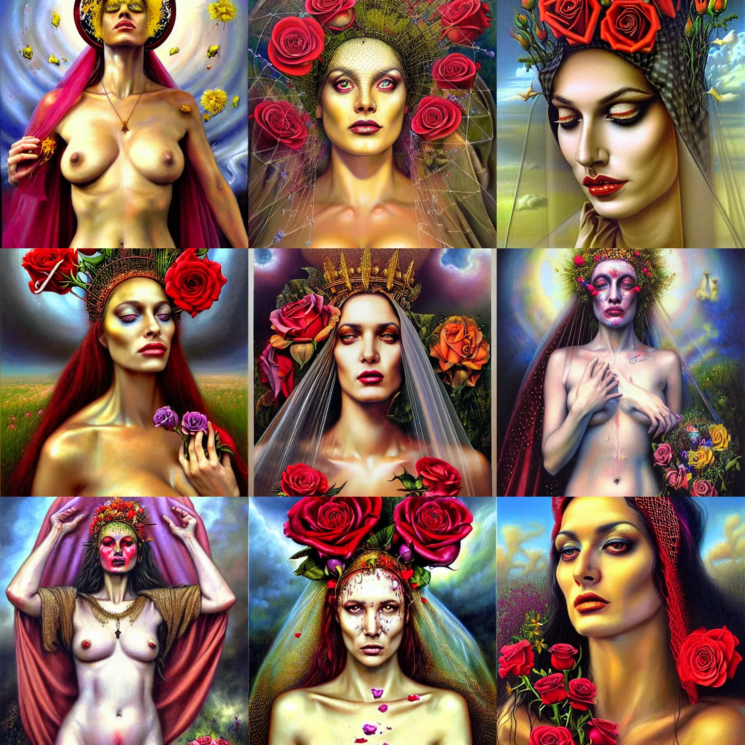 Prompt: hyper realistic portrait painting of the goddess babalon wearing a face veil ( glistening, vixen, alluring, carnal ) wet, milk dripping, roses, wildflowers, clouds, nature, sunlight, by saturno butto, boris vallejo, austin osman spare and david kassan, by bussiere. occult art, occult diagram, grey, sensual color scheme