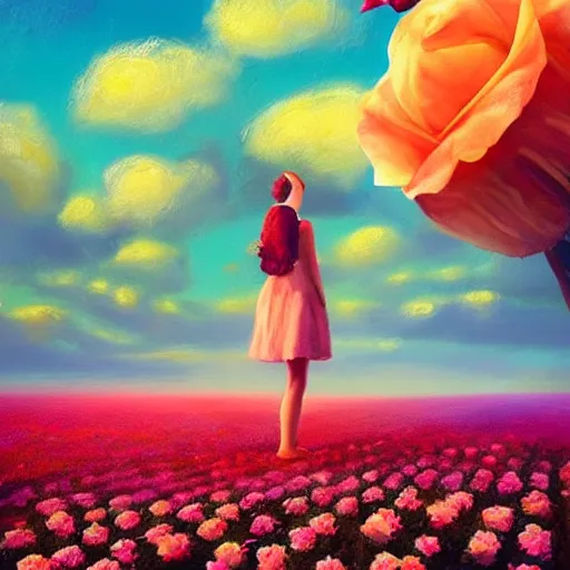 Image similar to giant rose flower as a head, full body girl sitting in a flower field, surreal photography, sunrise, dramatic light, impressionist painting, colorful clouds, digital painting, artstation, simon stalenhag