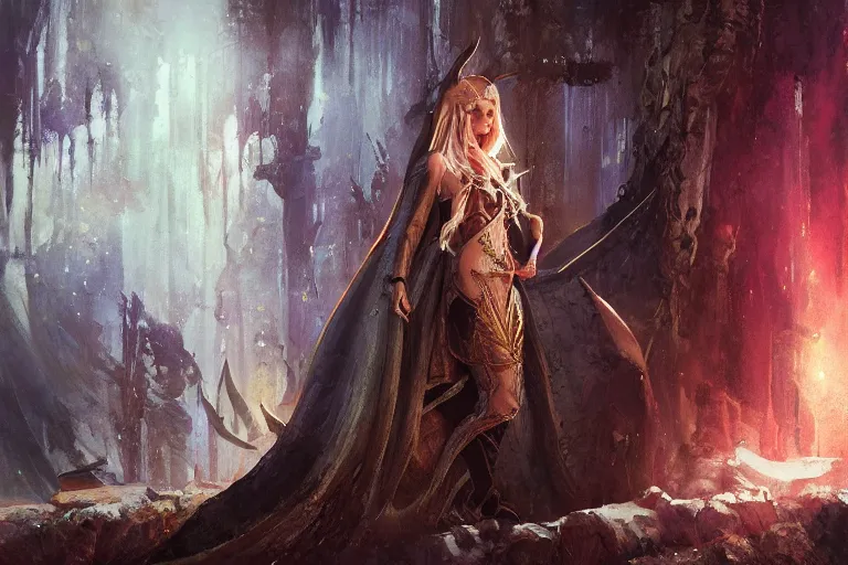 Image similar to A painting of Sarah Michelle Gellar as an elven queen by Craig Mullins, dramatic lighting, extremely high detail, trending on artstation