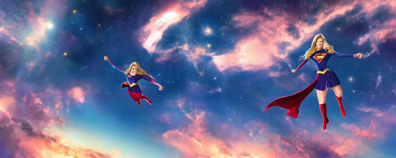 Image similar to a far off shot of supergirl flying amongst the clouds on the edge of space and stars artgerm