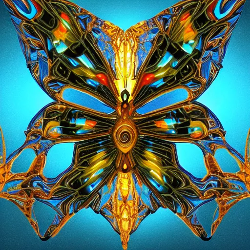 Prompt: full shot photograph of a mecha fractal butterfly, photorealistic photograph cinematic lighting intricate detailed 8 k resolution