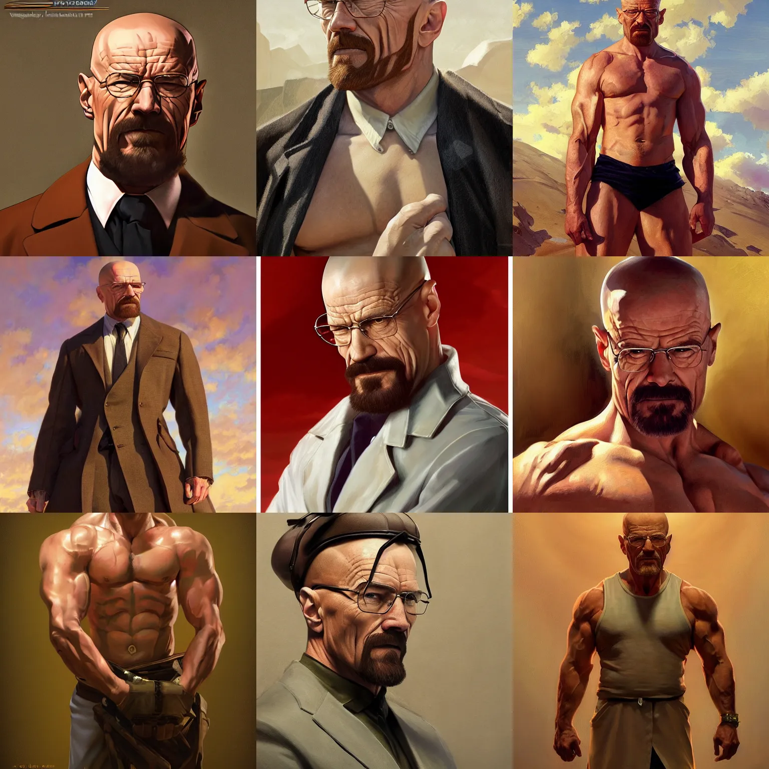 Prompt: the ultimate gigachad Walter White, muscular man, oil on canvas artstation by J. C. Leyendecker and Edmund Blair Leighton and Charlie Bowater octane render