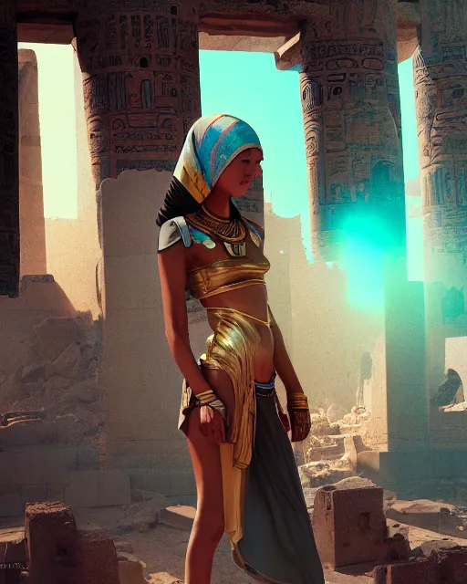 Image similar to android girl in egyptian ruins, ultra realistic, lens flare, atmosphere, glow, detailed, intricate, full of colour, cinematic lighting, trending on artstation, 4 k, hyperrealistic, focused, extreme details, cinematic, masterpiece, by ismail inceoglu