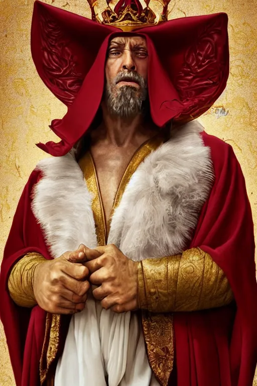 Image similar to Portrait of historically accurate, ancient biblical, sultry, sneering, evil, pagan, old kindah kingdom king, muscular, wearing gilded red royal robes, long white hair, intricate, elegant, highly detailed, digital painting, artstation, concept art, smooth, sharp focus, illustration, art by artgerm and greg rutkowski and alphonse mucha and andrei riabovitchev