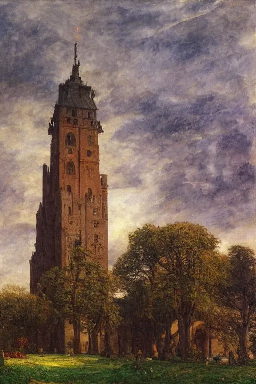 Image similar to view of the old tower and its gardens after a storm, tall windows lit up, beautiful ornamental architecture, dramatic cinematic lighting, rich colors, by Caspar David Friedrich and Diego Rivera and ford madox brown, smooth, sharp focus, extremely detailed, featured on artstation