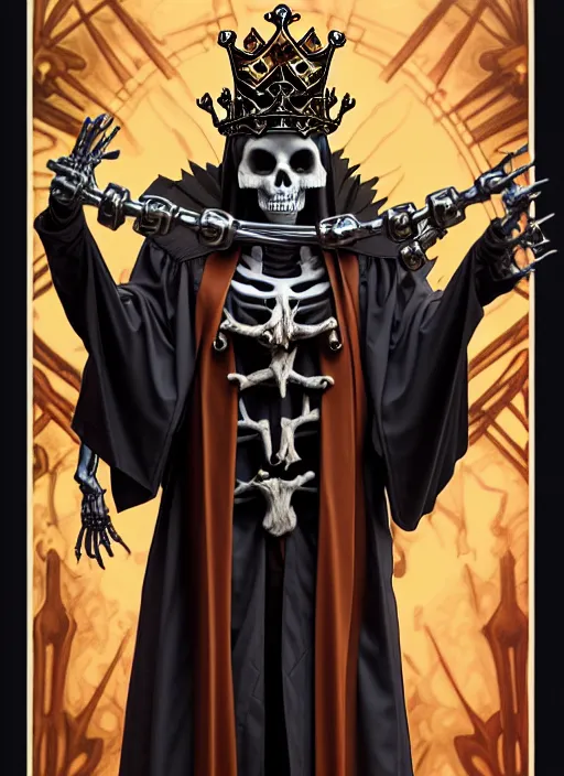 Prompt: overlord, undead skeleton king, wearing an academic gown, tarot card, highly detailed, deep focus, elegant, digital painting, smooth, sharp focus, illustration, ultra realistic, 8 k, art by artgerm and alphonse mucha