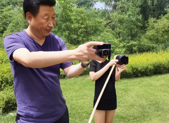 Image similar to xi jingping holding a gopro on a stick filming winnie the pooh