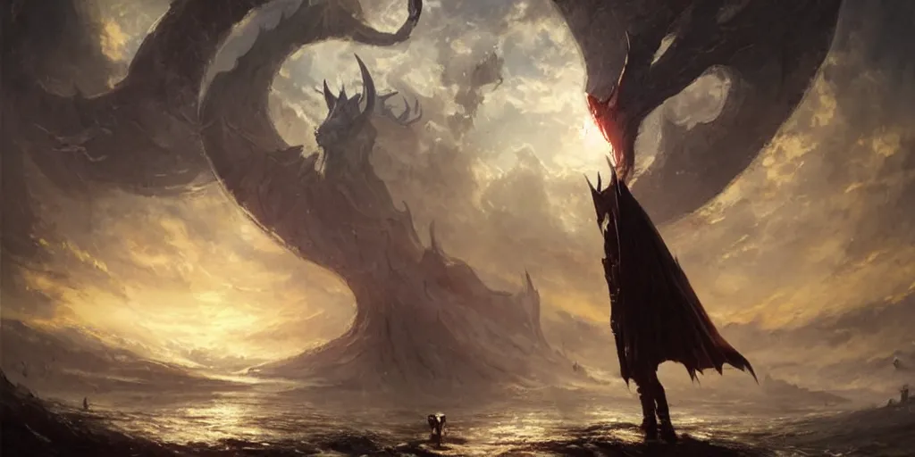 Prompt: Sauron floating in front of the Eye of Souron, backlighting, oil painting, by Greg Rutkowski