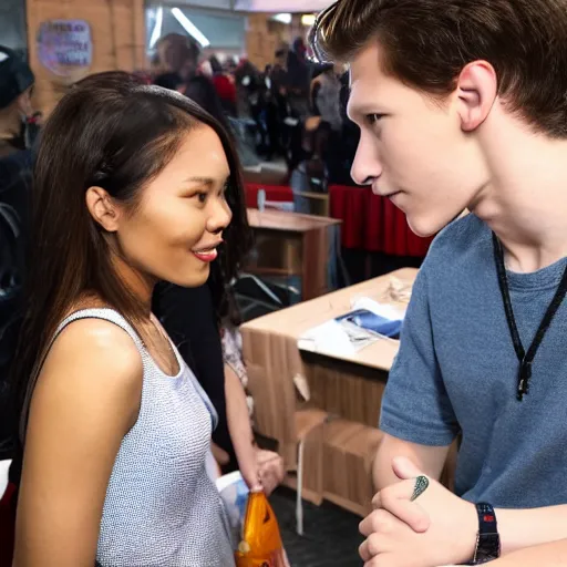 Image similar to Tom Holland talking with a Filipina college girl