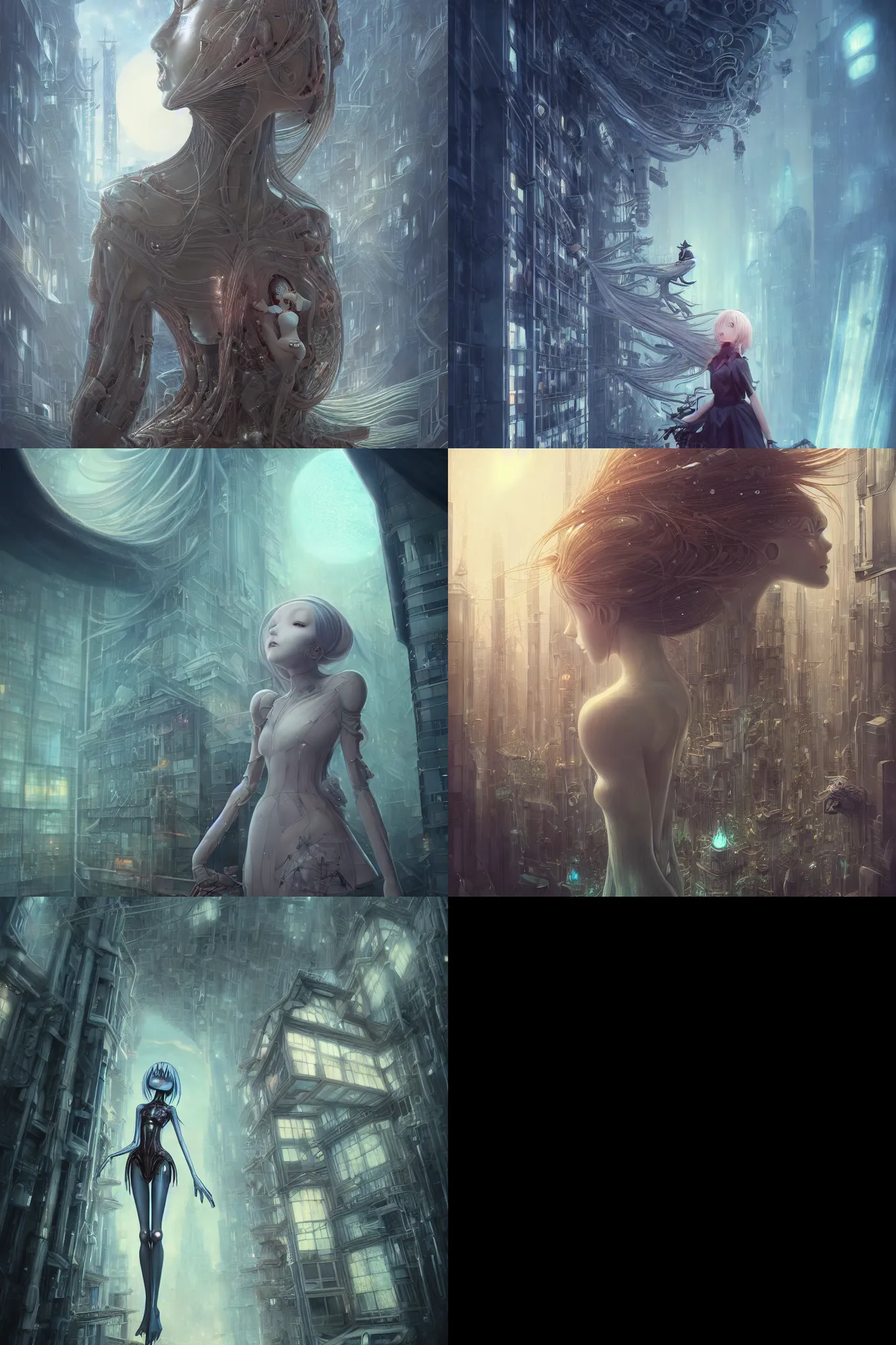 Prompt: detailed, sharp, dreaming humanoid female automata looking up to a building consumed by alien flesh by Anna Dittmannand, by hayao miyazaki, digital art. surreal. trending on art station. anime arts. featured on Pixiv, HD, 8K, highly detailed, good lighting, beautiful, epic, horror