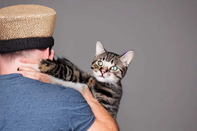 Image similar to a photo of a guy grabbing a cat with a funny hat, 4k