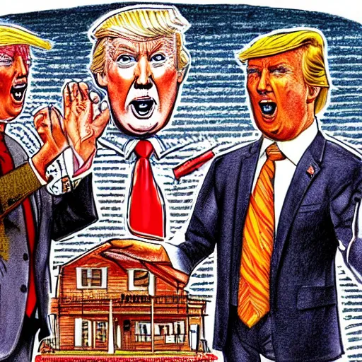 Image similar to !dream The Artwork of R. Crumb and his Cheap Suit Donald Trump and Jared Kushner, pencil and colored marker artwork, trailer-trash lifestyle