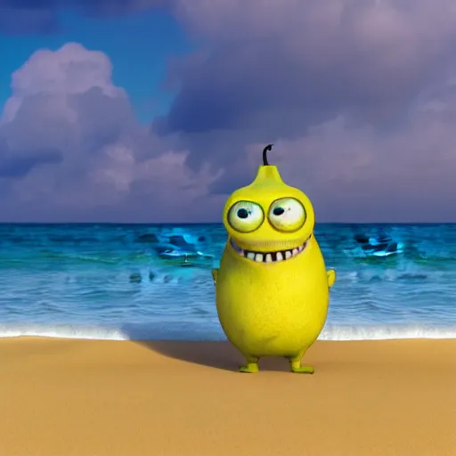 Image similar to 3 d octane render, of an anthropomorphic lemon character looks like monster from the movie وmonsters inc, with lemon skin texture, he is wearing a hat, building a sandcastle on the beach at sunset, beach, huge waves, sun, clouds, long violet and green trees, rim light, cinematic photography, professional, sand, sandcastle, volumetric lightening