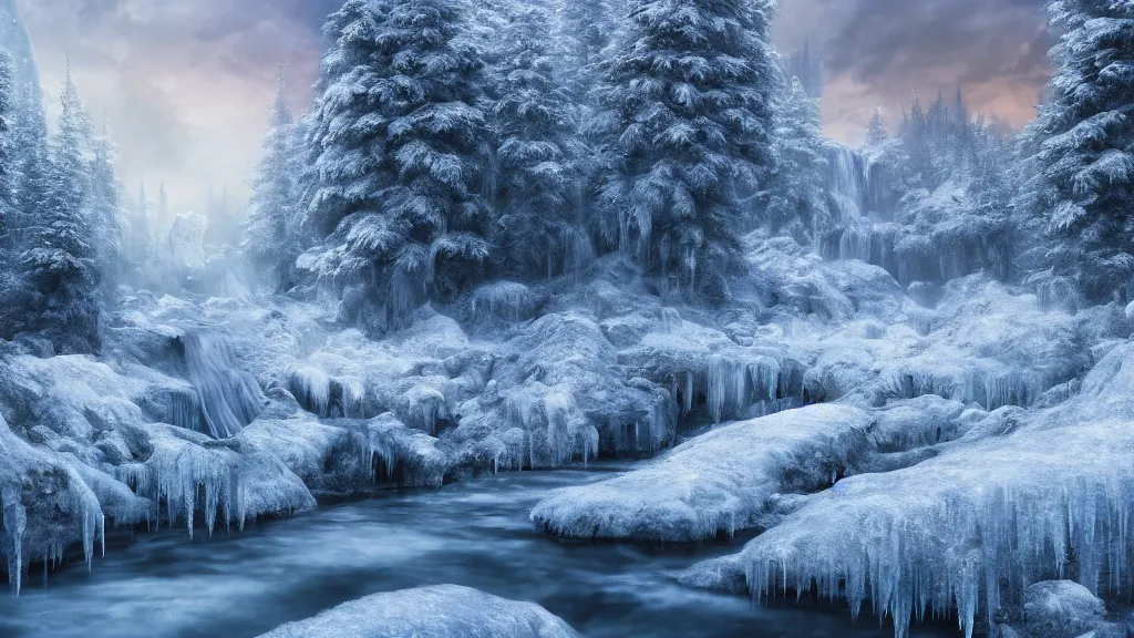 Prompt: frozen river frozen waterfall snowy cedar trees, Game of Thrones, volumetric lighting, fantasy artwork, very beautiful scenery, very realistic painting effect, hd, hdr, cinematic 4k wallpaper, 8k, ultra detailed, high resolution, artstation