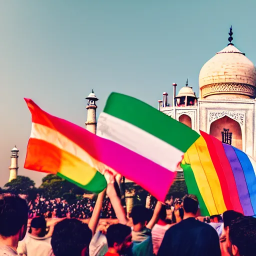 Prompt: photo of crowd of men with rainbow flags dancing at ( ( ( ( taj mahal ) ) ) ), cinematic color grading, soft light, faded colors, well framed, sharp focus, 8 k