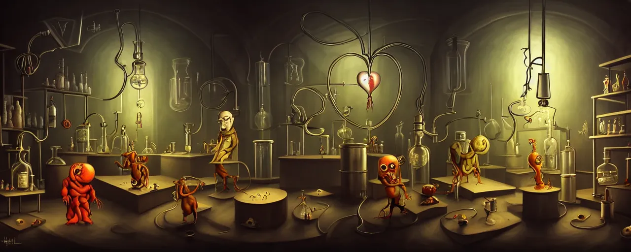 Image similar to uncanny alchemist chthonic creatures inside an alchemical lab within the left ventricle of a human heart, dramatic lighting, surreal fleischer cartoon characters, surreal painting by ronny khalil