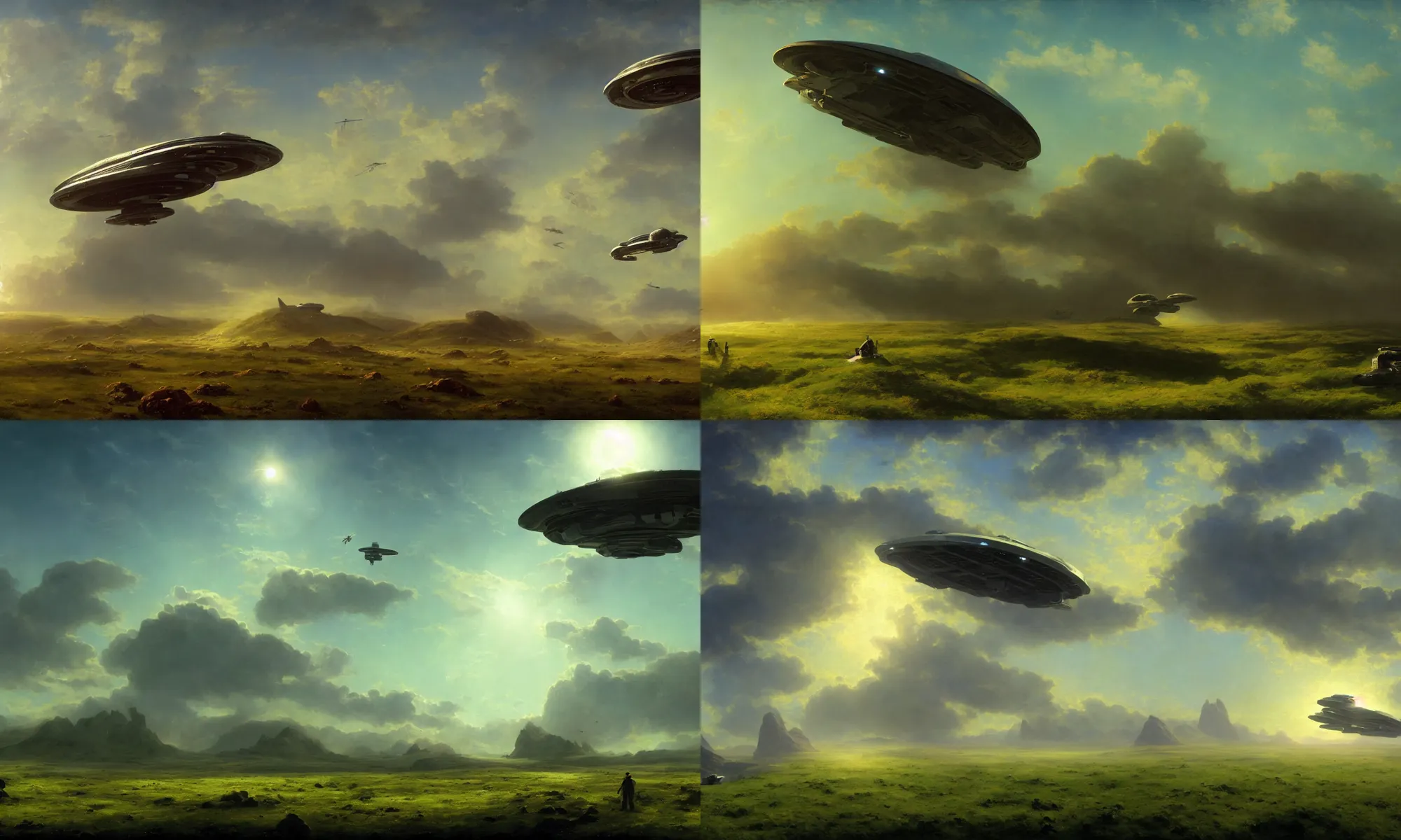 Prompt: Spaceship carrier hovering over a green grassy field on an alien planet at daylight, blue sky, by John Harris, Federico Pelat, Ivan Aivazovsky, Matte Painting, 4k,