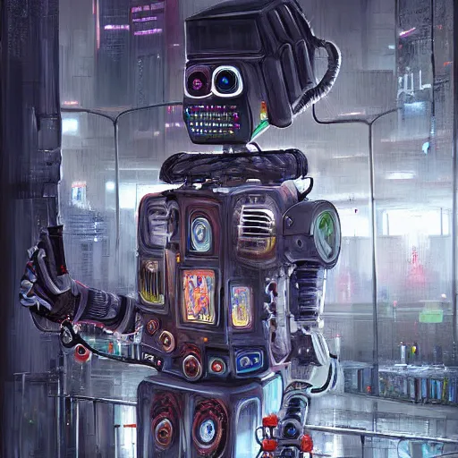 Prompt: a very beautiful and very detailed painting of a robot artist painting on a canvas, cyberpunk digital art, dystopian style