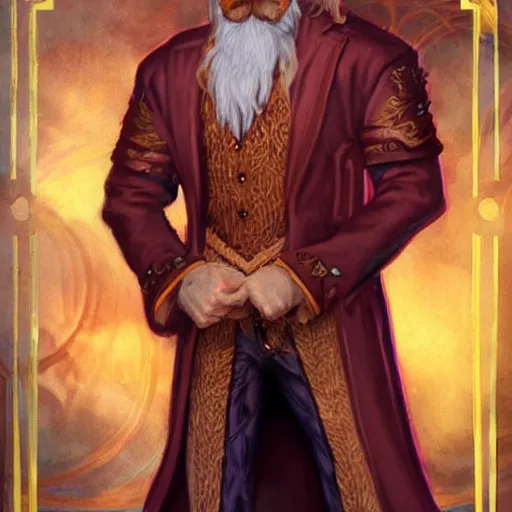 Prompt: A handsome King of the Fae with blond hair and beard in an exquisite tawny suit, Magic the Gathering card art