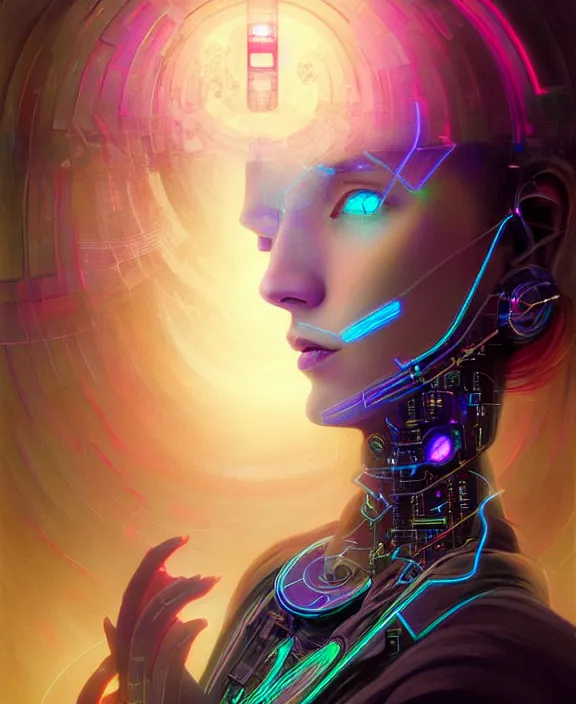 Image similar to a whirlwind of souls rushing inside the metaverse, hologram, half body, neurochip, shaved temple, piercing, jewelry, android, cyborg, cyberpunk face, by loish, d & d, fantasy, intricate, elegant, highly detailed, colorful, digital painting, artstation, concept art, art by artgerm and greg rutkowski and alphonse mucha