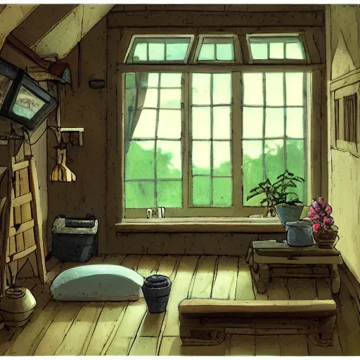 Image similar to studio Ghibli, the interior of a small cottage, warm lighting