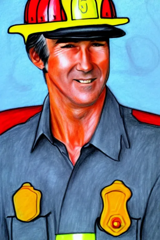 Image similar to a drawing of randy mantooth clean shaven, as a fire fighter by a child, bright colours, detailed