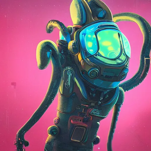 Image similar to portrait of a squid monster astronaut. full body portrait, intricate abstract. cyberpunk, intricate artwork. neon eyes, by Tooth Wu, wlop, beeple. octane render, trending on artstation, greg rutkowski very coherent symmetrical artwork. cinematic, hyper realism, high detail, octane render, 8k, minimalistic, hyperrealistic surrealism, award winning masterpiece with incredible details, a surreal vaporwave liminal space, highly detailed, trending on ArtStation