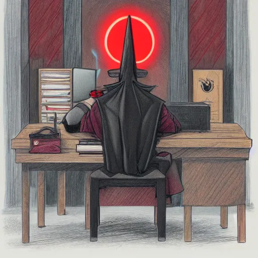 Image similar to dark lord sitting at desk, 3 / 4 view, portrait, ghibli, red demon cyberpunk symbols