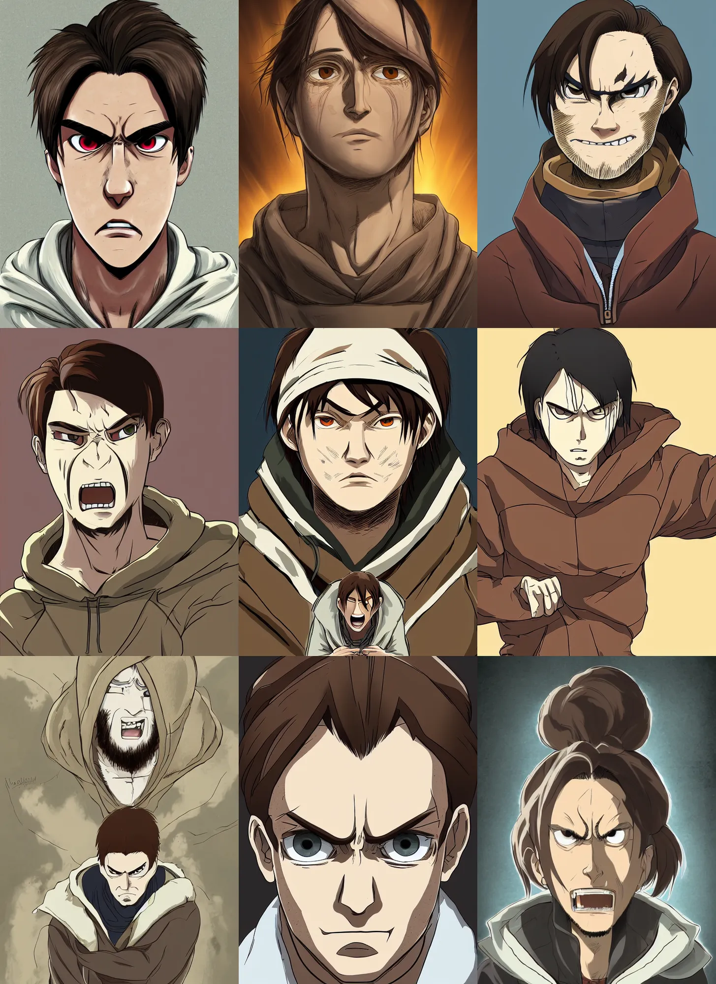 Prompt: portrait of a man in his late twenties with long light brown hair tied back, a widows peak and a round face wearing a hoody, in the style of attack on titan, digital art