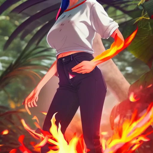 Image similar to nagatoro using white and red tight raglan sleeves, tight blue jeans and cool shoes in a tropical forest, fire hair in flames, artstation, 3 d ray tracing, octane render