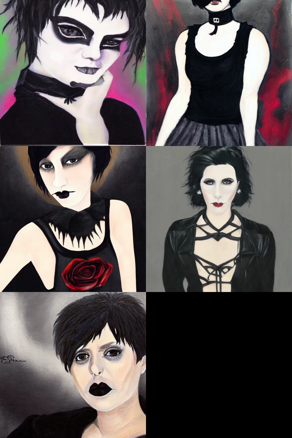 Prompt: a goth portrait painted by jose gutierrez solana. her hair is dark brown and cut into a short, messy pixie cut. she has a slightly rounded face, with a pointed chin, large entirely - black eyes, and a small nose. she is wearing a black tank top, a black leather jacket, a black knee - length skirt, and a black choker.