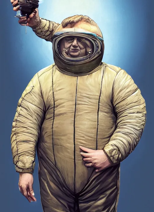 Prompt: upper body portrait of shaun ryder as baron harkonnen wearing a leather spacesuit floating in space and firing a retro ray gun, by normal rockwell, photoreal, character concept art, artstation