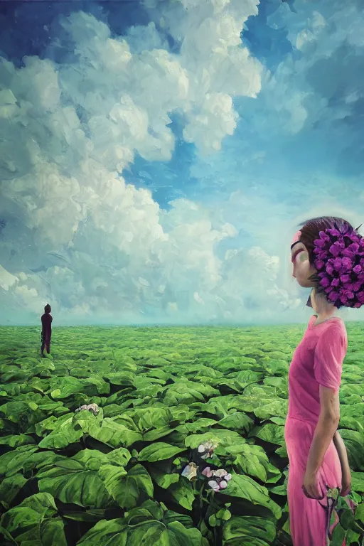 Image similar to closeup, giant flowers head, girl standing between monsteras, surreal photography, wind and cold, dramatic sky, impressionist painting, digital painting, artstation, simon stalenhag