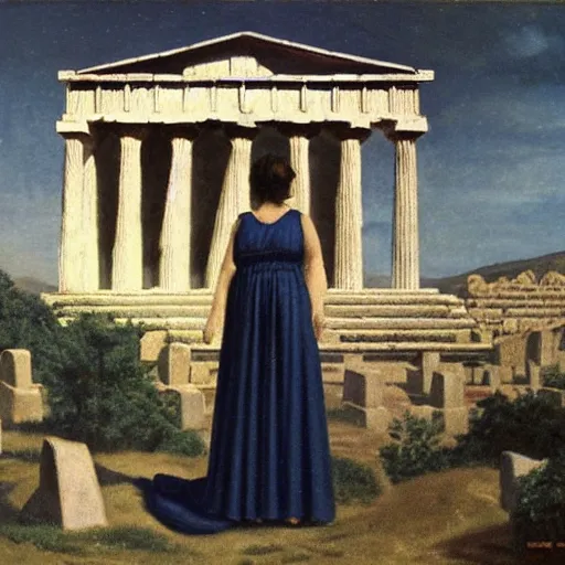 Image similar to a woman in a long dark blue dress is standing in front of a greek temple, by carel willink