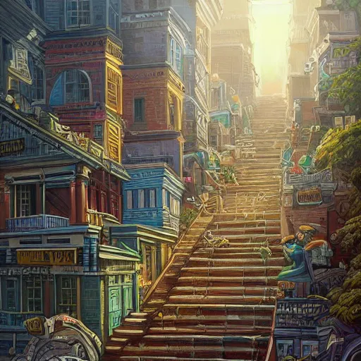 Image similar to a painting of a bunch of buildings with stairs, a detailed matte painting by dan mumford, deviantart contest winner, maximalism, 2 d game art, detailed painting, physically based rendering