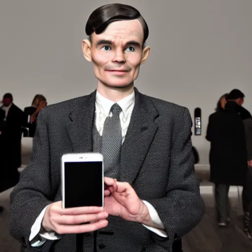 Image similar to alan turing presenting the new iphone