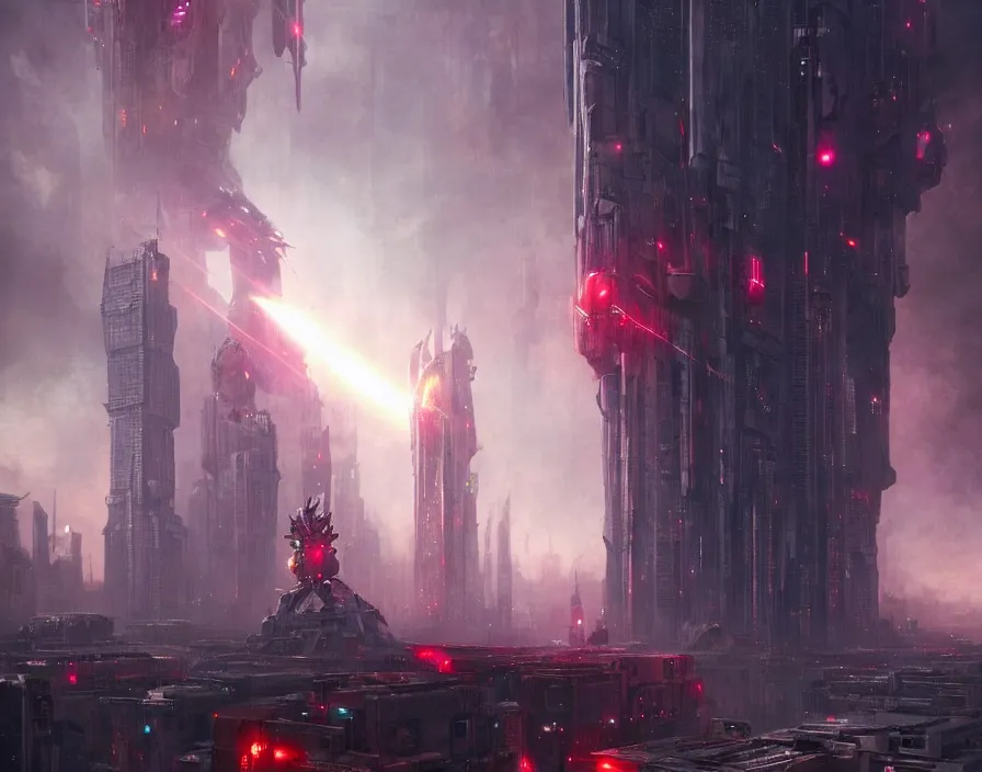 Prompt: a gigantic cosmic horror robot with red eyes shooting lasers at skyscrapers as it marches across a metropolis, by greg rutkowski and moebius, epic, hyper detailed, cinematic, dramatic lighting, vivid colors, horror