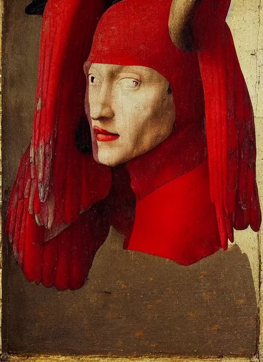 Image similar to profile of a fallen angel dressed in red with wings by Jan van Eyck, Hieronymus Bosch, Johannes Vermeer 4k post-processing, highly detailed medieval painting