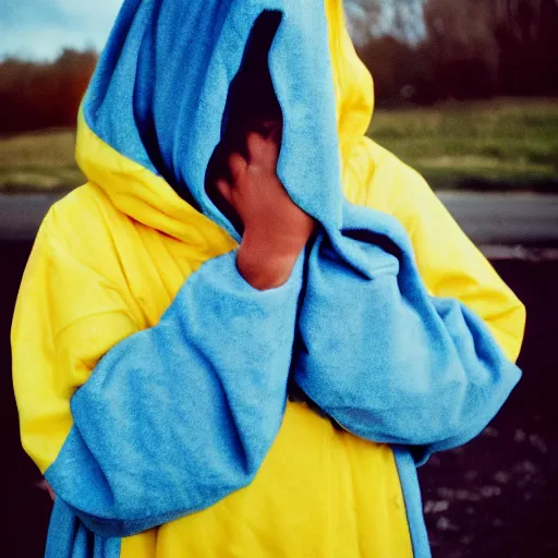 Image similar to woman in blue hooded cloak holds a yellow goblin, kodak vision 3 500t