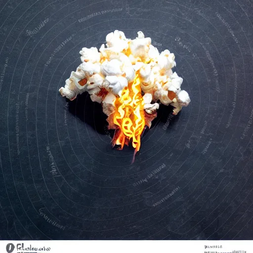 Image similar to fluffy popcorn hit by lightning, elemental spirit, in the style of a manga character, with a smiling face and flames for hair, sitting on a lotus flower, white background, simple, clean composition, symmetrical