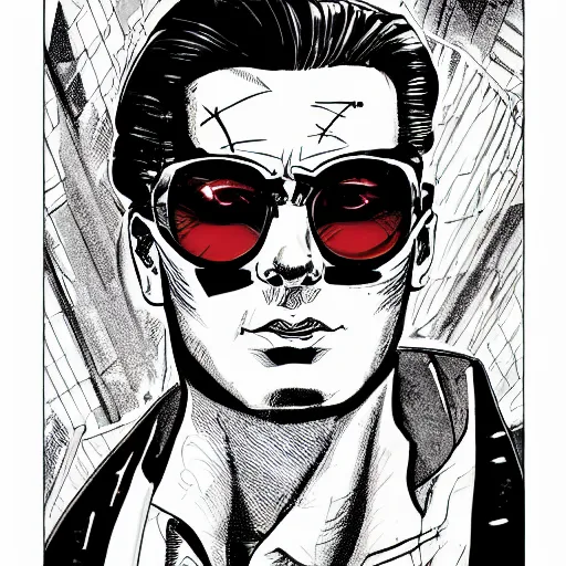Prompt: a cyberpunk young mafia boss with slicked back hair, in a cyberpunk setting, comic book art, cyberpunk, art by stan lee, pen drawing, inked, colorful, bright high tech lights, dark, moody, dramatic, deep shadows, marvel comics, dc comics
