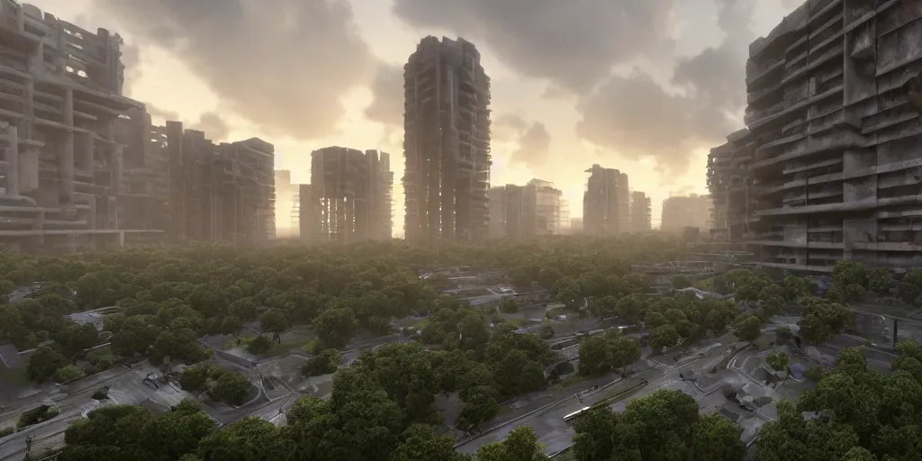 Image similar to brutalist architecture, streetscapes surrounded by lush green forest, view from ground level, stunning volumetric lighting, sunset, rusted steel, smooth solid concrete, stunning skies, trending on Artstation, 8k, photorealistic, hyper detailed, unreal engine 5, IMAX quality, cinematic, epic lighting, in the style of the game DOOM, by Greg Rutkowski