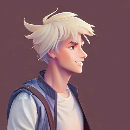Prompt: young man with short, ash blond greyish hair, path traced, highly detailed, high quality, digital painting, by don bluth and ross tran and studio ghibli and alphonse mucha, sylvain sarrailh