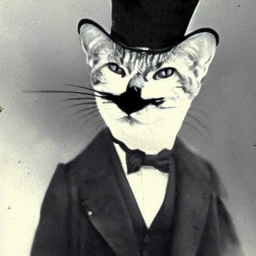 Image similar to a yellow cat with a top hat and a monocle, vintage photo