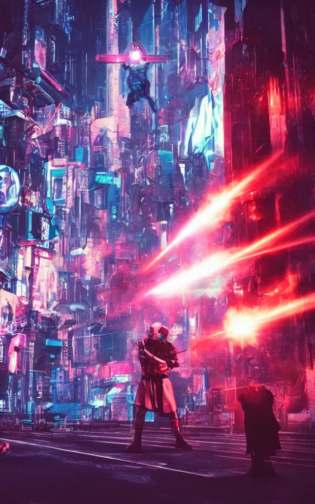 Prompt: Pope shooting bright lasers in front of nuns, 80s, science fiction, cyberpunk, neon, low angle shot, cross, pope, movie poster, futuristic