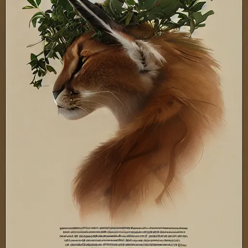 Image similar to laurel wreath lying on top of a cute fluffy caracal head, laurel wreath on his head, 8 k, alphonse mucha, james gurney, greg rutkowski, john howe, artstation