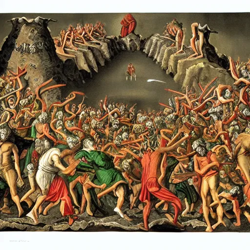 Image similar to where's waldo in dante's inferno with trumpeters and demons, intricate detail, martin handford, hd