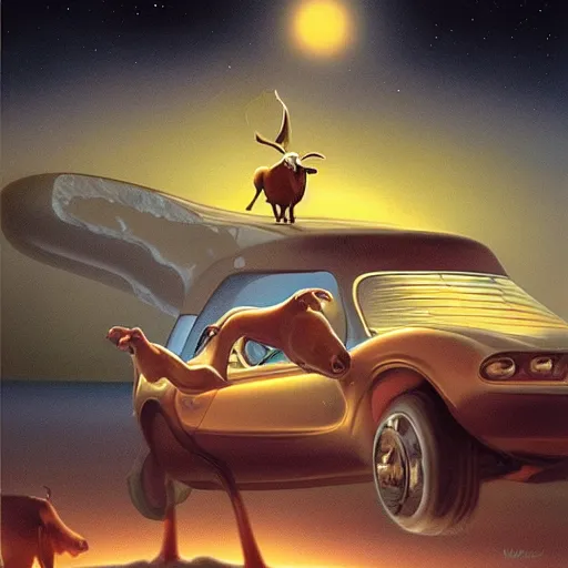 Image similar to a cow floating at night, pov inside a car, flashlight on, creepy, surrealism, painting by boris vallejo and michael whelan